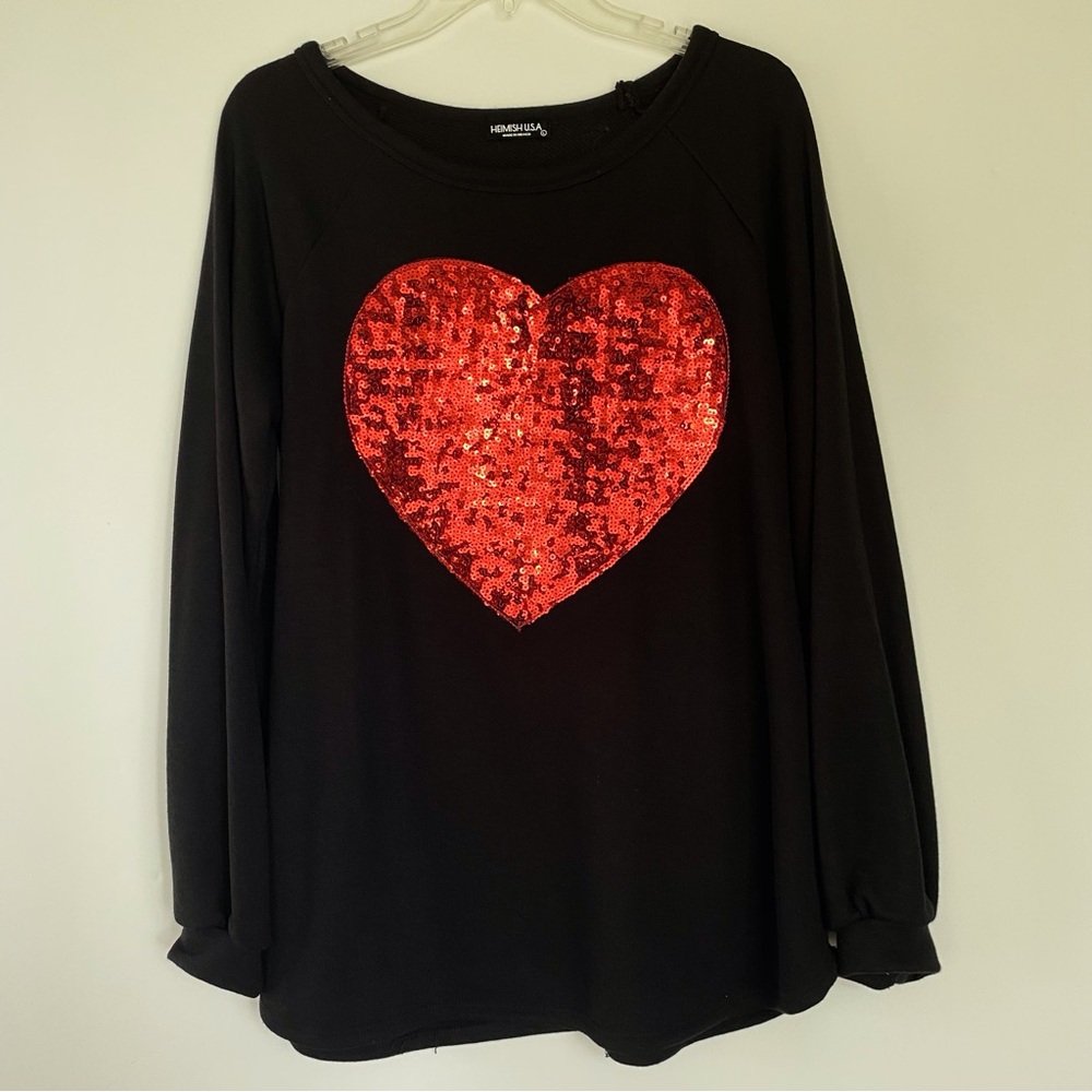 Heimish USA Long Sleeve Black Sweater with Red Sequin Heart Size L